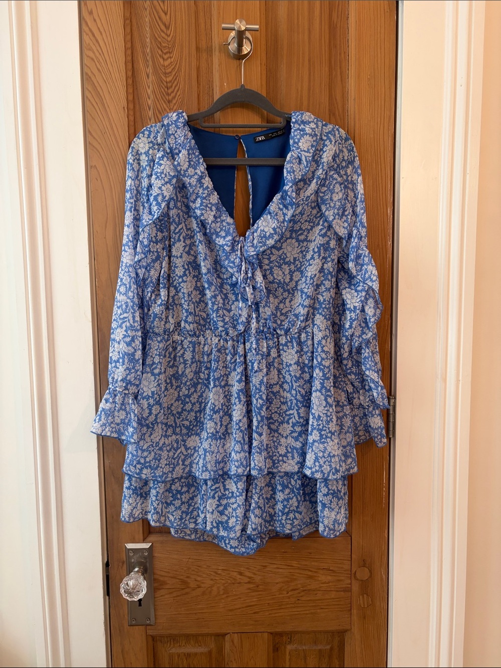 Zara Blue Floral Ruffle Tie-Front Peplum Romper